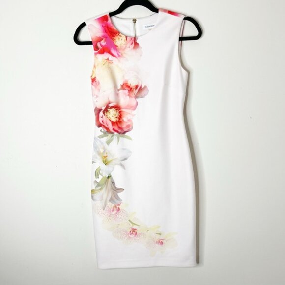 Calvin Klein Sheath Mini Dress Scuba Floral print Knee Length Cocktail Size US 2 - Picture 2 of 15